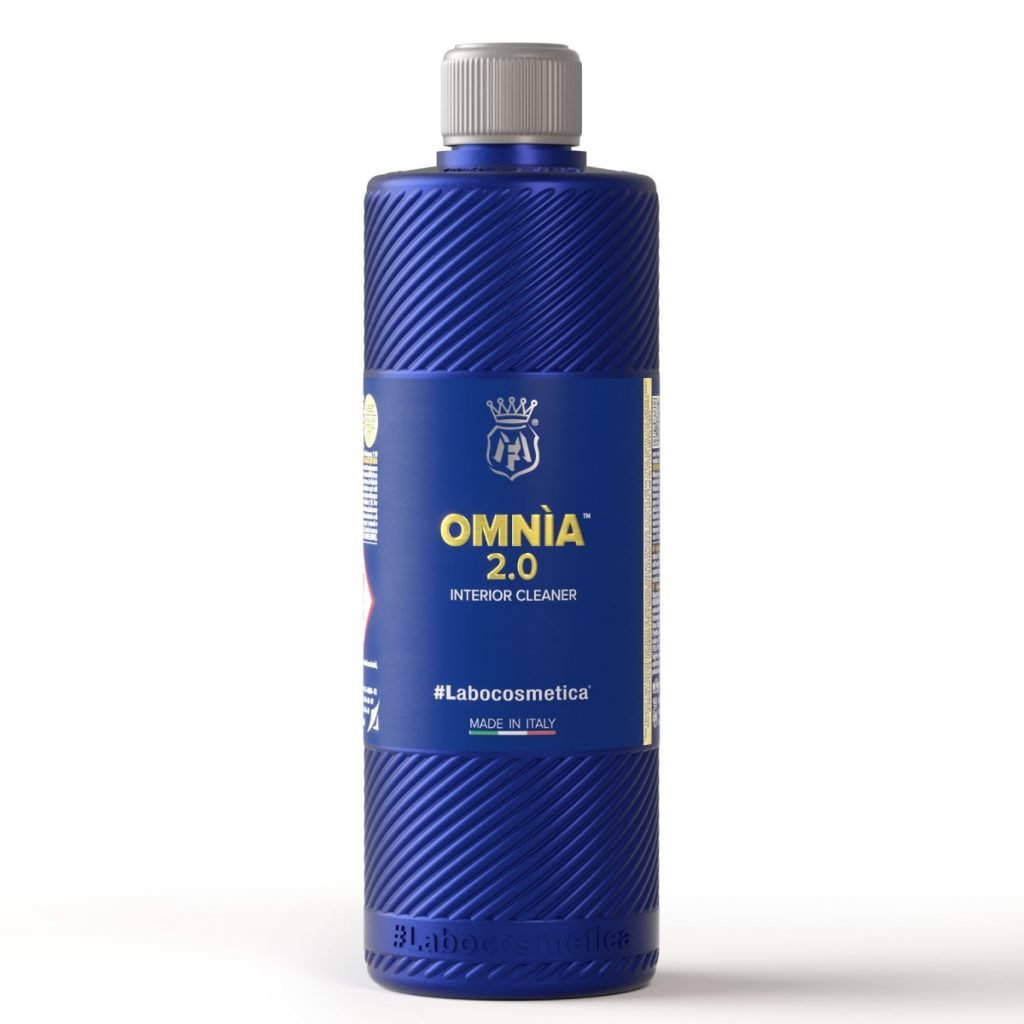 A bottle of Labocosmetica Omnia 2.0, a gentle and effective interior cleaner for all car surfaces.