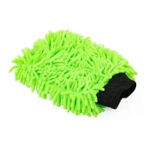 A green chenille wash mitt, a soft and safe tool for washing your car.