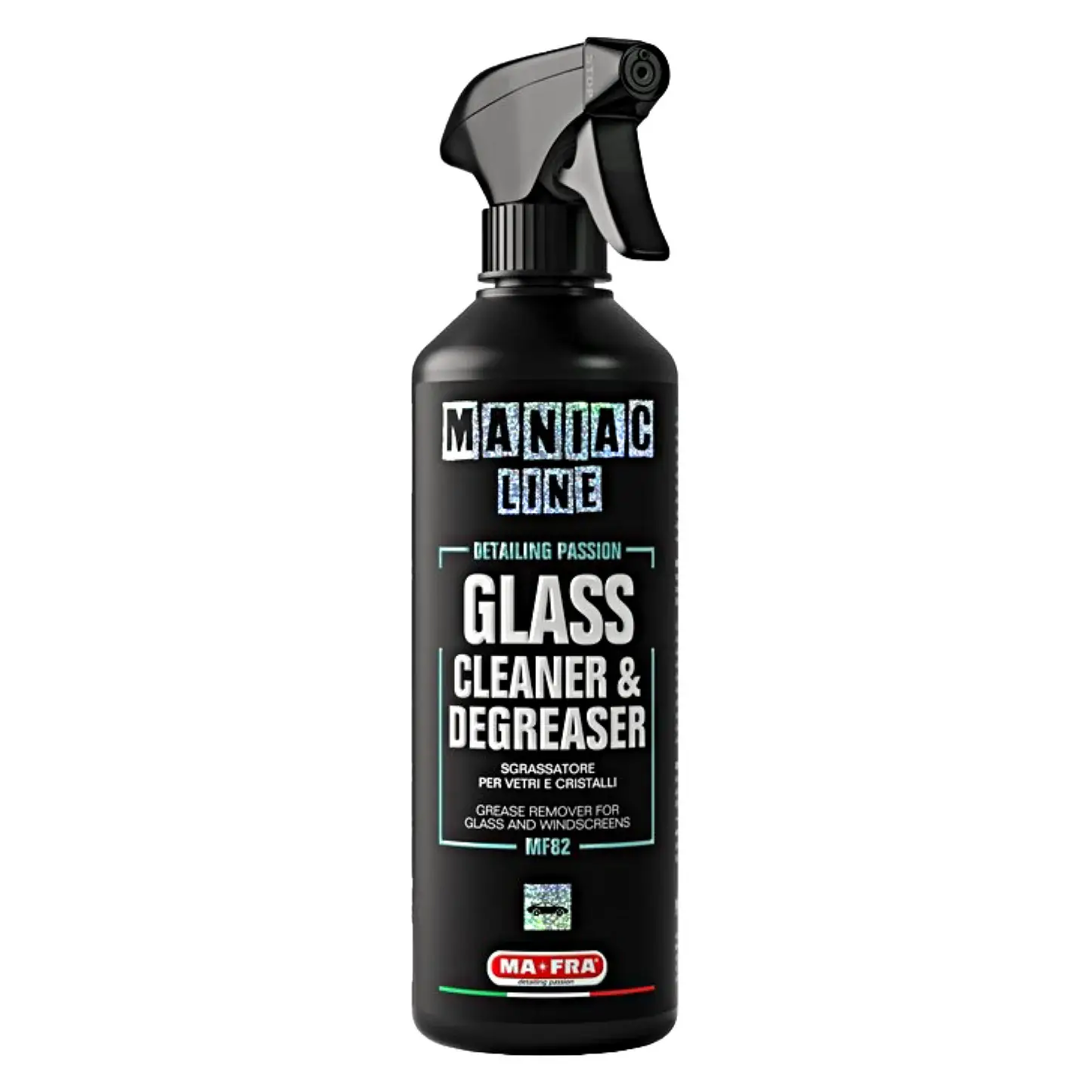 Maniac Line Glass Cleaner and Degreaser in a spray bottle, for a streak-free shine on car windows.