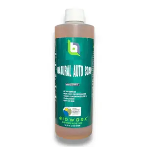 A 16 oz. bottle of Bioworx Natural Auto Soap, a gentle and effective car wash soap.