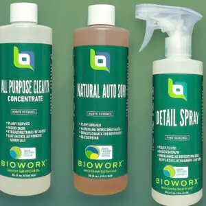 The complete Bioworx USDA Ceertified Bio-based Auto Detailing kit, including three product bottles.