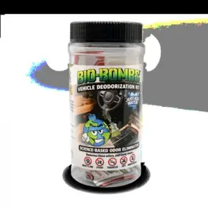 The Bio-Bombs Vehicle Deodorization Kit (VDK) uses a Chlorine Dioxide (ClO₂) gas-off treatment to neutralize airborne odors and attack surface-level contamination inside your vehicle.